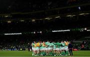 19 November 2022; Ireland players huddle before the Bank of Ireland Nations Series match between Ireland and Australia at the Aviva Stadium in Dublin. Photo by Harry Murphy/Sportsfile