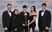 19 November 2022; Phoenix Patterson of Waterford pictured with his PFA Ireland First Division Player of the Year award, and family, from left, father Gordon, mother Paula, partner Alicia Pearce and brother Kane, during the PFA Ireland Awards 2022 at the Marker Hotel in Dublin. Photo by Sam Barnes/Sportsfile