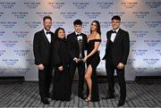 19 November 2022; Phoenix Patterson of Waterford pictured with his PFA Ireland First Division Player of the Year award, and family, from left, father Gordon, mother Paula, partner Alicia Pearce and brother Kane, during the PFA Ireland Awards 2022 at the Marker Hotel in Dublin. Photo by Sam Barnes/Sportsfile