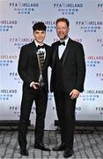 19 November 2022; Phoenix Patterson of Waterford with his father Gordon and his PFA Ireland First Division Player of the Year award during the PFA Ireland Awards 2022 at the Marker Hotel in Dublin. Photo by Sam Barnes/Sportsfile