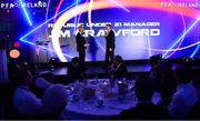 19 November 2022; Republic of Ireland U21 manager Jim Crawford, right, in conversation with MC Des Curran during the PFA Ireland Awards 2022 at the Marker Hotel in Dublin. Photo by Sam Barnes/Sportsfile