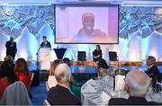 23 November 2022; U23 Athlete of the Year Rhasidat Adeleke addresses the audience via a video link at the 123.ie National Athletics Awards at the Crowne Plaza Hotel in Santry, Dublin. A full list of winners from the event can be found at AthleticsIreland.ie. Photo by Sam Barnes/Sportsfile