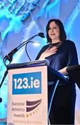 23 November 2022; RSA Insurance Managing Director Elaine Robinson speaking during the 123.ie National Athletics Awards at the Crowne Plaza Hotel in Santry, Dublin. A full list of winners from the event can be found at AthleticsIreland.ie. Photo by Sam Barnes/Sportsfile