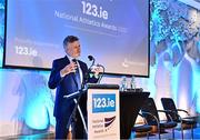 23 November 2022; MC Greg Allen speaking during the 123.ie National Athletics Awards at the Crowne Plaza Hotel in Santry, Dublin. A full list of winners from the event can be found at AthleticsIreland.ie. Photo by Sam Barnes/Sportsfile