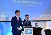 23 November 2022; Minister of State for Sport and the Gaeltacht, Jack Chambers TD, speaking during the 123.ie National Athletics Awards at the Crowne Plaza Hotel in Santry, Dublin. A full list of winners from the event can be found at AthleticsIreland.ie. Photo by Sam Barnes/Sportsfile