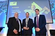 23 November 2022; Ireland Ultra Running team manager John O'Regan collects the award for Ultra Runner of the year on behalf of Caitriona Jennings, from Athletic Ireland President John Cronin, left, and Minister of State for Sport and the Gaeltacht, Jack Chambers TD, during the 123.ie National Athletics Awards at the Crowne Plaza Hotel in Santry, Dublin. A full list of winners from the event can be found at AthleticsIreland.ie. Photo by Sam Barnes/Sportsfile