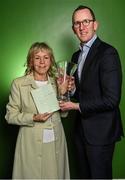 23 November 2022; FAI chief operating officer David Courell presents former Republic of Ireland international Linda Gorman with her Hall of Fame award during the 32nd FAI International Awards Hall of Fame media event at the FAI Headquarters in Abbotstown, Dublin. Photo by Piaras Ó Mídheach/Sportsfile