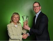 23 November 2022; FAI chief operating officer David Courell presents former Republic of Ireland international Linda Gorman with her Hall of Fame award during the 32nd FAI International Awards Hall of Fame media event at the FAI Headquarters in Abbotstown, Dublin. Photo by Piaras Ó Mídheach/Sportsfile