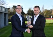 23 November 2022; FAI chief operating officer David Courell, left, presents former Republic of Ireland goalkeeper Shay Given with his Hall of Fame award during the 32nd FAI International Awards Hall of Fame media event at the FAI Headquarters in Abbotstown, Dublin. Photo by Piaras Ó Mídheach/Sportsfile