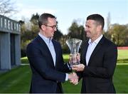 23 November 2022; FAI chief operating officer David Courell, left, presents former Republic of Ireland goalkeeper Shay Given with his Hall of Fame award during the 32nd FAI International Awards Hall of Fame media event at the FAI Headquarters in Abbotstown, Dublin. Photo by Piaras Ó Mídheach/Sportsfile