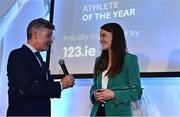 23 November 2022; Athletics Ireland Athlete of the Year Award winner Ciara Mageean of City of Lisburn AC, speaking with MC Greg Allen during the 123.ie National Athletics Awards at the Crowne Plaza Hotel in Santry, Dublin. A full list of winners from the event can be found at AthleticsIreland.ie. Photo by Sam Barnes/Sportsfile