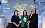 23 November 2022; Ciara Mageean of City of Lisburn AC pictured receiving the Athletics Ireland Athlete of the Year Award, from RSA Insurance Managing Director Elaine Robinson, left, and  Athletics Ireland President John Cronin during the 123.ie National Athletics Awards at the Crowne Plaza Hotel in Santry, Dublin. A full list of winners from the event can be found at AthleticsIreland.ie. Photo by Sam Barnes/Sportsfile