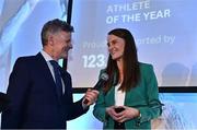 23 November 2022; Athletics Ireland Athlete of the Year Award winner Ciara Mageean of City of Lisburn AC, speaking with MC Greg Allen during the 123.ie National Athletics Awards at the Crowne Plaza Hotel in Santry, Dublin. A full list of winners from the event can be found at AthleticsIreland.ie. Photo by Sam Barnes/Sportsfile