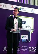 24 November 2022; Minister of State for Sport and the Gaeltacht Jack Chambers TD speaking during the 2022 SSE Airtricity Women's National League Awards at the Gibson Hotel in Dublin. Photo by Harry Murphy/Sportsfile