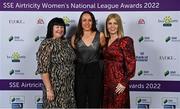 24 November 2022; Áine O'Gorman, centre, with her mother Mairéad and Rachel Neary, right, upon arrival at the 2022 SSE Airtricity Women's National League Awards at the Gibson Hotel in Dublin. Photo by Piaras Ó Mídheach/Sportsfile