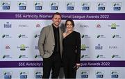 24 November 2022; Republic of Ireland WNT assistant manager Tom Elmes with Rachel Graham of Shelbourne upon arrival at the 2022 SSE Airtricity Women's National League Awards at the Gibson Hotel in Dublin. Photo by Piaras Ó Mídheach/Sportsfile