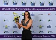 24 November 2022; Áine O'Gorman of Peamount United with her EVOKE.ie Golden Boot Award during the 2022 SSE Airtricity Women's National League Awards at the Gibson Hotel in Dublin. Photo by Piaras Ó Mídheach/Sportsfile