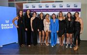 24 November 2022; Shelbourne players, from left, Jessica Gargan, Amanda Budden, Rachel Graham, Abbie Larkin, Megan Lynch, Pearl Slattery, Jessie Stapleton, Hannah Healy and Noelle Murray during the 2022 SSE Airtricity Women's National League Awards at the Gibson Hotel in Dublin. Photo by Piaras Ó Mídheach/Sportsfile