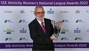 24 November 2022; Stephen Moran with his Services to Women's National League Award during the 2022 SSE Airtricity Women's National League Awards at the Gibson Hotel in Dublin. Photo by Piaras Ó Mídheach/Sportsfile