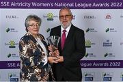 24 November 2022; Stephen Moran with his Services to Women's National League Award alongside his wife Anne during the 2022 SSE Airtricity Women's National League Awards at the Gibson Hotel in Dublin. Photo by Piaras Ó Mídheach/Sportsfile