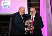 24 November 2022; Stephen Moran is presented with his Services to Women's National League Award by FAI President Gerry McAnaney, left, during the 2022 SSE Airtricity Women's National League Awards at the Gibson Hotel in Dublin. Photo by Harry Murphy/Sportsfile