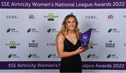 24 November 2022; Ellen Molloy of Wexford Youths with her SSE Airtricity Team of the Year Award during the 2022 SSE Airtricity Women's National League Awards at the Gibson Hotel in Dublin. Photo by Piaras Ó Mídheach/Sportsfile