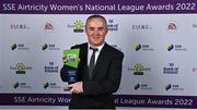 24 November 2022; Tommy Hewitt of Athlone Town with his SSE Airtricity Manager of the Year Award during the 2022 SSE Airtricity Women's National League Awards at the Gibson Hotel in Dublin. Photo by Piaras Ó Mídheach/Sportsfile