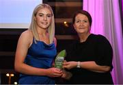 24 November 2022; SSE Airtricity Player of the Year Emily Corbet is presented her award by Lead Marketing Manager of SSE Airtricity Áine Plunkett during the 2022 SSE Airtricity Women's National League Awards at the Gibson Hotel in Dublin. Photo by Harry Murphy/Sportsfile