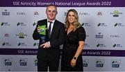 24 November 2022; Tommy Hewitt of Athlone Town with his SSE Airtricity Manager of the Year Award alongside his wife Sinéad during the 2022 SSE Airtricity Women's National League Awards at the Gibson Hotel in Dublin. Photo by Piaras Ó Mídheach/Sportsfile