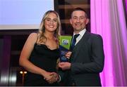 24 November 2022; SSE Airtricity Young Player of the Year Jessie Stapleton is presented her award by Republic of Ireland Under-17 Women's Manager James Scott during the 2022 SSE Airtricity Women's National League Awards at the Gibson Hotel in Dublin. Photo by Harry Murphy/Sportsfile