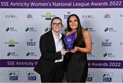 24 November 2022; Rachael Kelly of Bohemians with her SSE Airtricity Team of the Year Award alongside Emma McDonagh, left, during the 2022 SSE Airtricity Women's National League Awards at the Gibson Hotel in Dublin. Photo by Piaras Ó Mídheach/Sportsfile