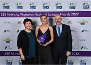 24 November 2022; Shauna Fox of Shelbourne with her SSE Airtricity Team of the Year Award alongside her parents Joanne and Rob during the 2022 SSE Airtricity Women's National League Awards at the Gibson Hotel in Dublin. Photo by Piaras Ó Mídheach/Sportsfile