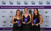 24 November 2022; Shelbourne players, from left, Jessie Stapleton, Shauna Fox and Jessica Gargan with their SSE Airtricity Team of the Year Awards during the 2022 SSE Airtricity Women's National League Awards at the Gibson Hotel in Dublin. Photo by Piaras Ó Mídheach/Sportsfile