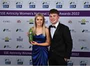 24 November 2022; Emily Corbet of Athlone Town with her SSE Airtricity Player of the Year Award alongside Jimmy Hyland during the 2022 SSE Airtricity Women's National League Awards at the Gibson Hotel in Dublin. Photo by Piaras Ó Mídheach/Sportsfile