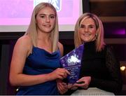 24 November 2022; Emily Corbet of Athlone Town is presented with her Team Of The Year Award by SSE Airtricity Sponsorship and Marketing Manager Leanne Sheill during the 2022 SSE Airtricity Women's National League Awards at the Gibson Hotel in Dublin. Photo by Harry Murphy/Sportsfile