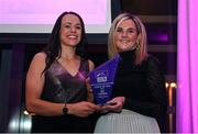 24 November 2022; Aine O’Gorman of Peamount United is presented with her Team Of The Year Award by SSE Airtricity Sponsorship and Marketing Manager Leanne Sheill during the 2022 SSE Airtricity Women's National League Awards at the Gibson Hotel in Dublin. Photo by Harry Murphy/Sportsfile