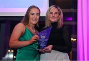 24 November 2022; Muireann Devaney of Athlone Town is presented with her Team Of The Year Award by SSE Airtricity Sponsorship and Marketing Manager Leanne Sheill during the 2022 SSE Airtricity Women's National League Awards at the Gibson Hotel in Dublin. Photo by Harry Murphy/Sportsfile