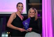 24 November 2022; Shauna Fox of Shelbourne is presented with her Team Of The Year Award by SSE Airtricity Sponsorship and Marketing Manager Leanne Sheill during the 2022 SSE Airtricity Women's National League Awards at the Gibson Hotel in Dublin. Photo by Harry Murphy/Sportsfile