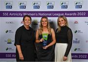 24 November 2022; Jessie Stapleton of Shelbourne with her SSE Airtricity Young Player of the Year award alongside Lead Marketing Manager of SSE Airtricity Áine Plunkett, left, and SSE Airtricity Sponsorship and Marketing Manager, Leanne Sheill during the 2022 SSE Airtricity Women's National League Awards at the Gibson Hotel in Dublin. Photo by Piaras Ó Mídheach/Sportsfile