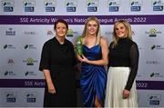 24 November 2022; Emily Corbet of Athlone Town with her SSE Airtricity Player of the Year Award alongside Lead Marketing Manager of SSE Airtricity Áine Plunkett, left, and SSE Airtricity Sponsorship and Marketing Manager, Leanne Sheill during the 2022 SSE Airtricity Women's National League Awards at the Gibson Hotel in Dublin. Photo by Piaras Ó Mídheach/Sportsfile