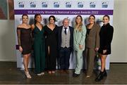 24 November 2022; DLR Waves representatives, from left, Sarah McKevitt, Neema Nyangasi, Emma Finnie, Graham Kelly, Kate Mooney, Aoibh Hall, Avril Brieley during the 2022 SSE Airtricity Women's National League Awards at the Gibson Hotel in Dublin. Photo by Piaras Ó Mídheach/Sportsfile