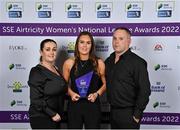 24 November 2022; Jessica Gargan of Shelbourne with her SSE Airtricity Team of the Year Award alongside her parents Olive and Adrian during the 2022 SSE Airtricity Women's National League Awards at the Gibson Hotel in Dublin. Photo by Piaras Ó Mídheach/Sportsfile