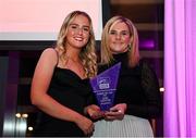 24 November 2022; Jessie Stapleton of Shelbourne is presented with her Team Of The Year Award by SSE Airtricity Sponsorship and Marketing Manager Leanne Sheill during the 2022 SSE Airtricity Women's National League Awards at the Gibson Hotel in Dublin. Photo by Harry Murphy/Sportsfile