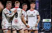 25 November 2022; Stewart Moore of Ulster, second from right, celebrates scoring a try with teammates, from left, Jake Flannery, Nathan Doak and Ethan McIlroy, during the United Rugby Championship match between Ulster and Zebre Parma at Kingspan Stadium in Belfast. Photo by Ramsey Cardy/Sportsfile