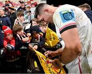 25 November 2022; David McCann of Ulster signs autographs after the United Rugby Championship match between Ulster and Zebre Parma at Kingspan Stadium in Belfast. Photo by Ramsey Cardy/Sportsfile