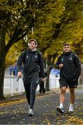 26 November 2022; Ryan Baird, left, and Vakh Abdaladze of Leinster arrive for the United Rugby Championship match between Leinster and Glasgow Warriors at RDS Arena in Dublin. Photo by Ramsey Cardy/Sportsfile