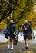26 November 2022; Dave Kearney, left, and Rónan Kelleher of Leinster arrive for the United Rugby Championship match between Leinster and Glasgow Warriors at RDS Arena in Dublin. Photo by Ramsey Cardy/Sportsfile