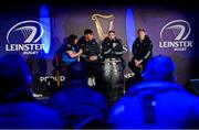 26 November 2022; Leinster players Michael Ala'alatoa, Jordan Larmour and Tommy O'Brien during a Q & A in the fanzone at the United Rugby Championship match between Leinster and Glasgow Warriors at RDS Arena in Dublin. Photo by Ramsey Cardy/Sportsfile