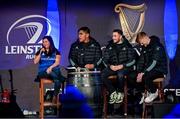 26 November 2022; Leinster players Michael Ala'alatoa, Jordan Larmour and Tommy O'Brien during a Q & A with OLSC President Bebhinn Dunne in the fanzone at the United Rugby Championship match between Leinster and Glasgow Warriors at RDS Arena in Dublin. Photo by Ramsey Cardy/Sportsfile