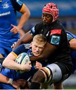 26 November 2022; Jamie Osborne of Leinster is tackled by Sintu Manjezi of Glasgow Warriors during the United Rugby Championship match between Leinster and Glasgow Warriors at RDS Arena in Dublin. Photo by Ramsey Cardy/Sportsfile